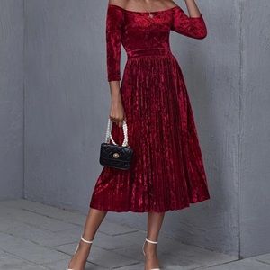 Off the shoulder pleated velvet dress